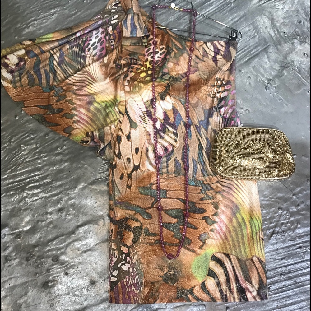 Cache animal print dress / Whiting Davis clutch